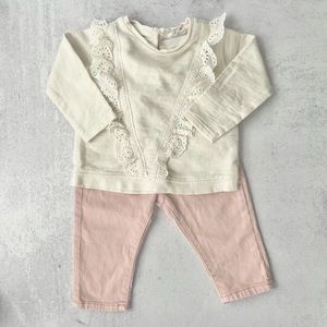 Zara Cream Lace Top with Pale Pink Pants